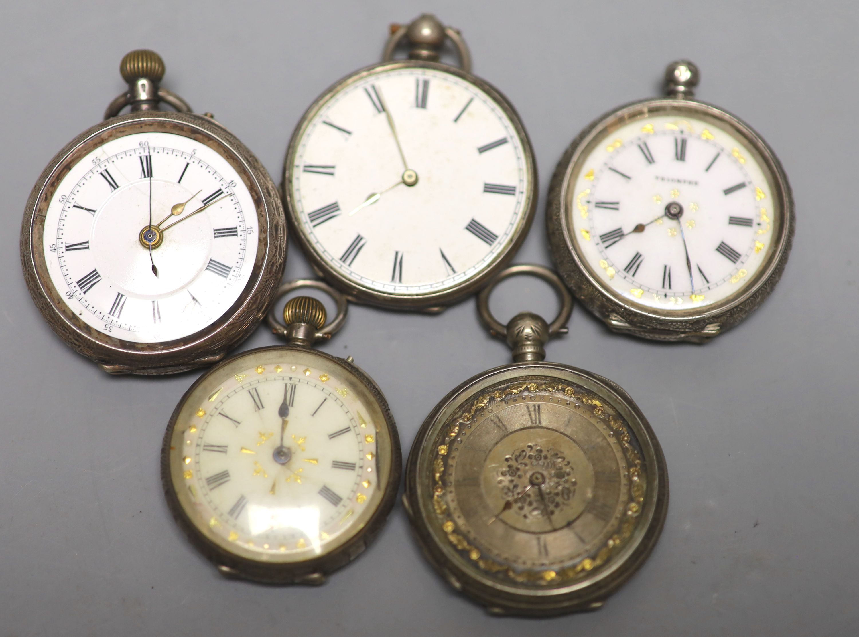 Five assorted continental white metal fob watches(a.f.).